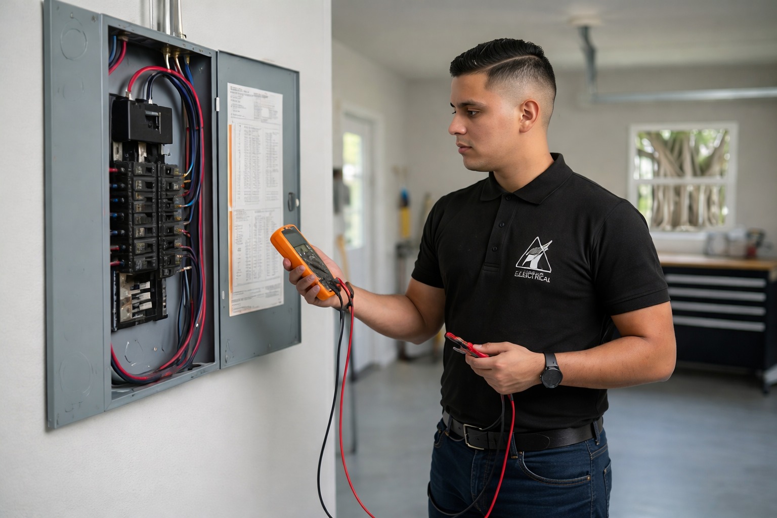 Licensed Current Electrical FL technician smiling in front of a modern South Miami home and branded service van, representing residential electrical safety and panel upgrades.