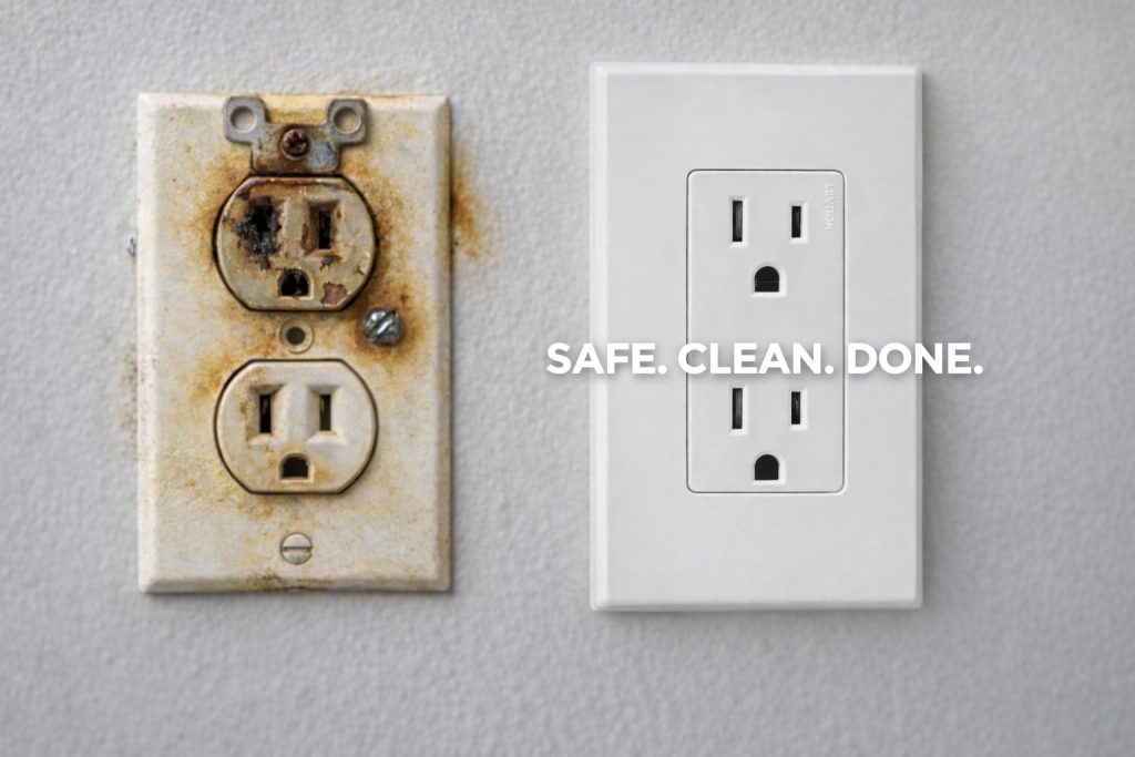 Before and after comparison of a hazardous, burnt electrical outlet replaced by a clean, modern, and safe wall socket by Current Electrical FL in South Florida.