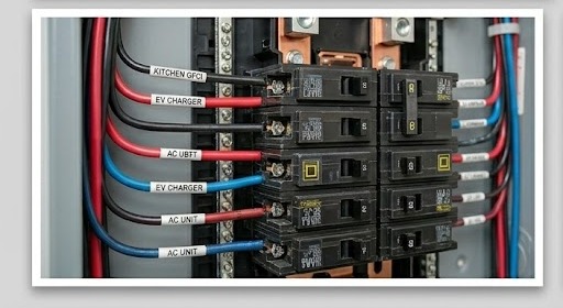 Close-up of a modern residential electrical panel with professional labeling for EV Charger, AC Unit, and Kitchen GFCI by Current Electrical FL in South Florida.