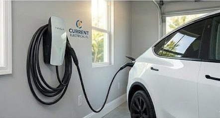 Licensed Current Electrical FL installation of a Tesla Wall Connector with an integrated certified panel diagnostics overlay confirming EV-ready status in a South Florida garage.