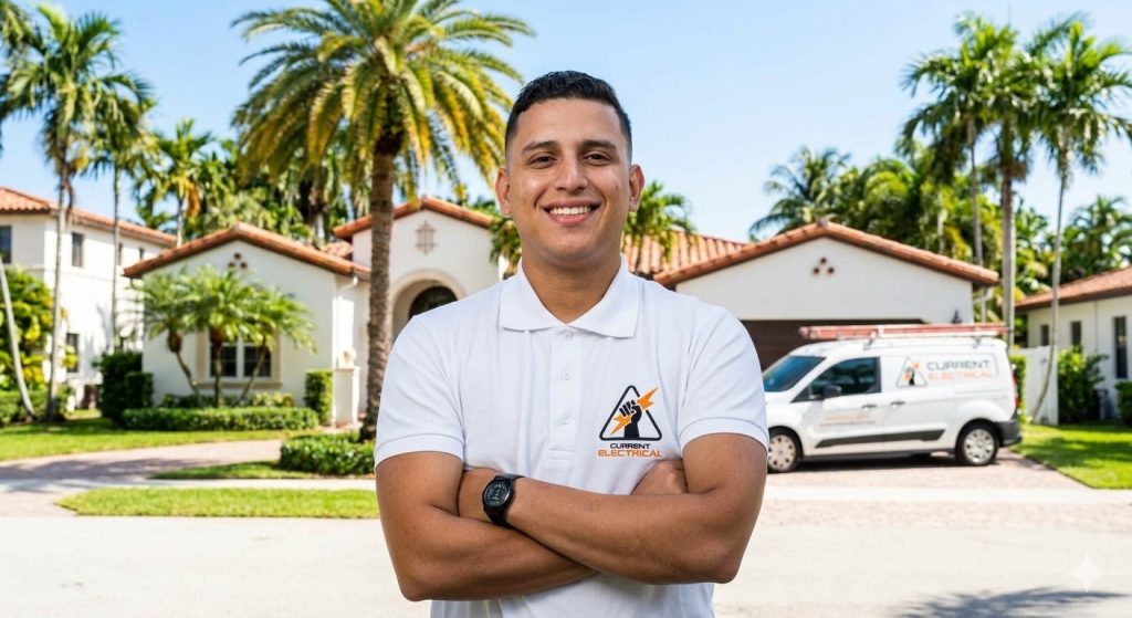 Licensed Current Electrical FL specialist in South Miami Spanish-Mediterranean home with service van – residential electrical safety guide cover.