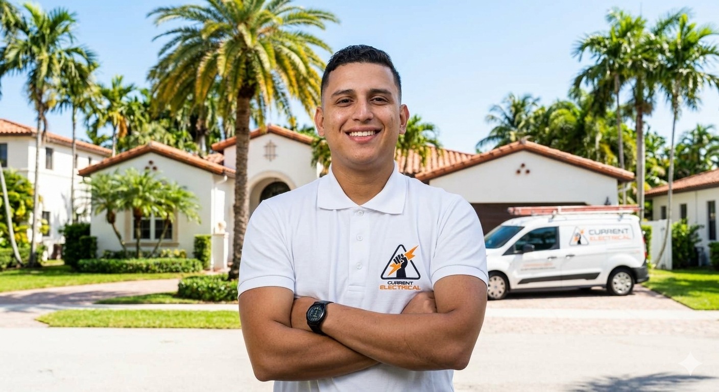 Licensed Current Electrical FL specialist in South Miami Spanish-Mediterranean home with service van – residential electrical safety guide cover.