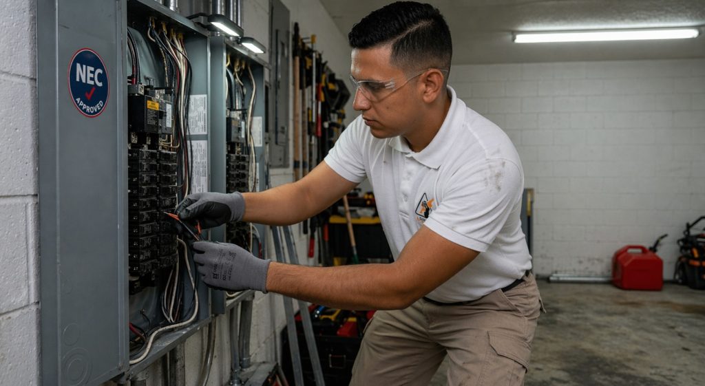 Licensed Current Electrical FL technician performing advanced residential energy diagnostics and NEC code verification in a South Miami garage.