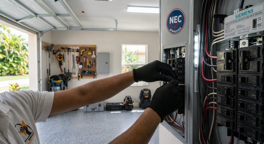 Dangerous residential arcing electrical panel with incorrect safety gloves in a South Miami home - an immediate fire hazard before professional upgrade.