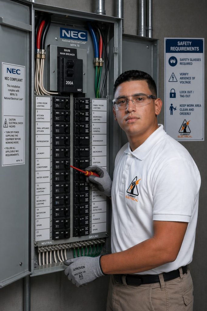 Licensed Current Electrical FL specialist performing EV-specific residential electrical panel upgrade and verification in Miami-Dade and Broward.