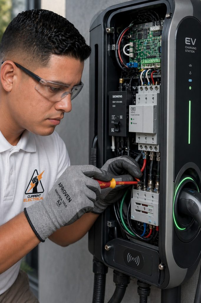Licensed Current Electrical FL technician performing code-compliant residential EV charger installation in Miami-Dade and Broward.