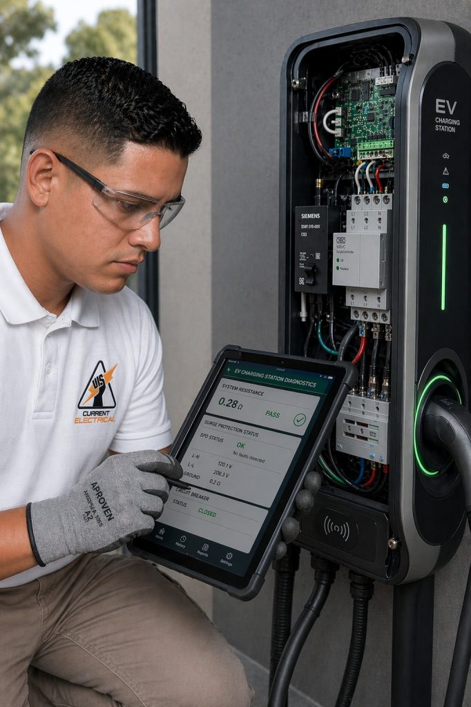 Current Electrical FL specialist verifying code compliance for a residential EV charger installation in Miami-Dade and Broward.