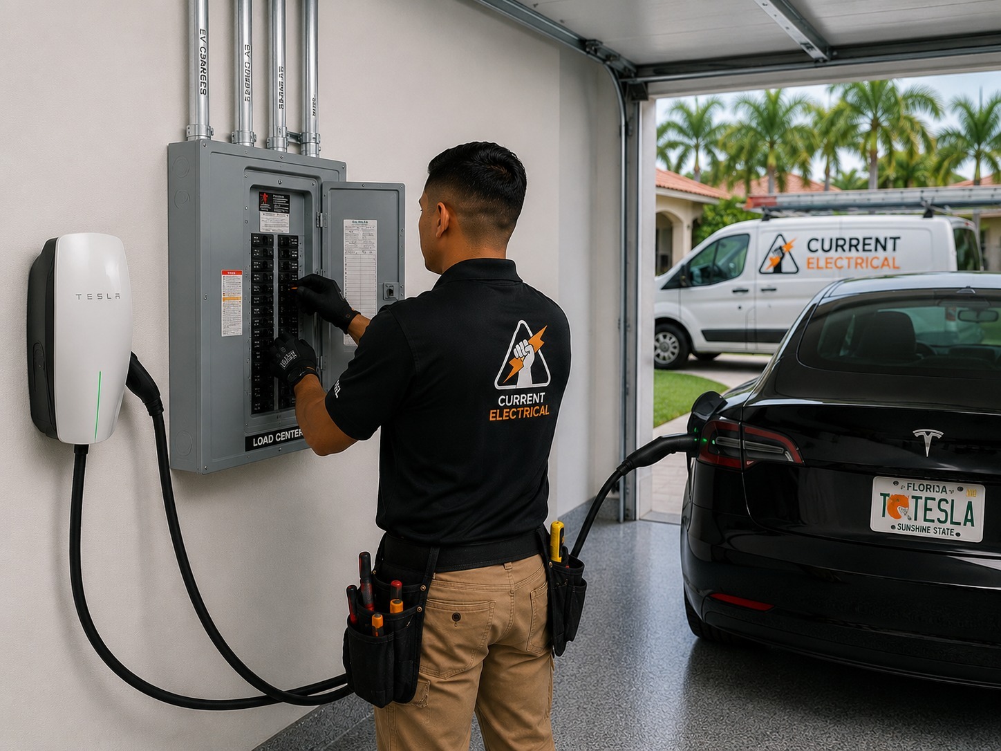 Licensed electrician performing EV charger panel upgrade in South Florida