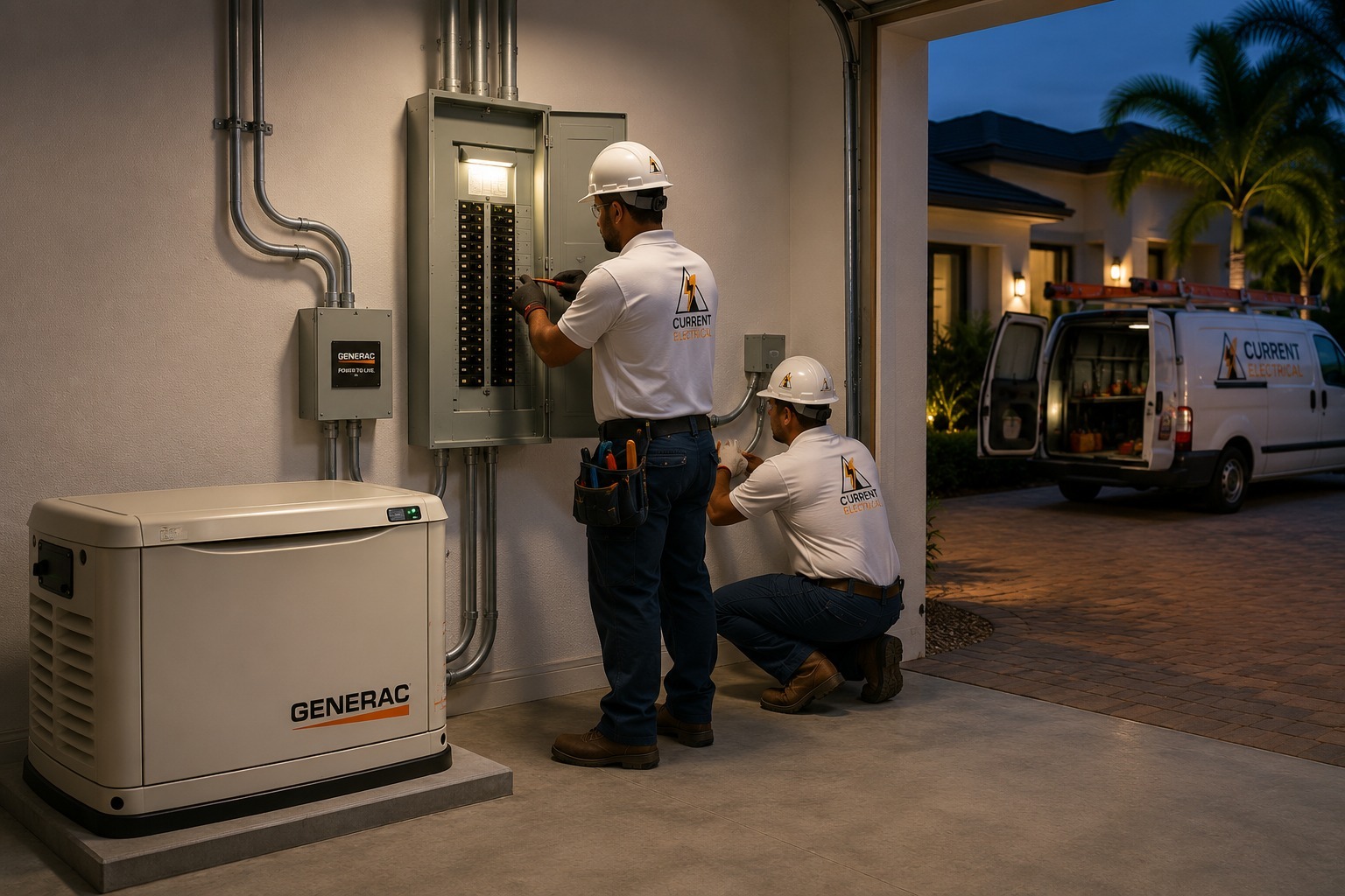 Licensed electrician installing an automatic whole-home standby generator in South Florida
