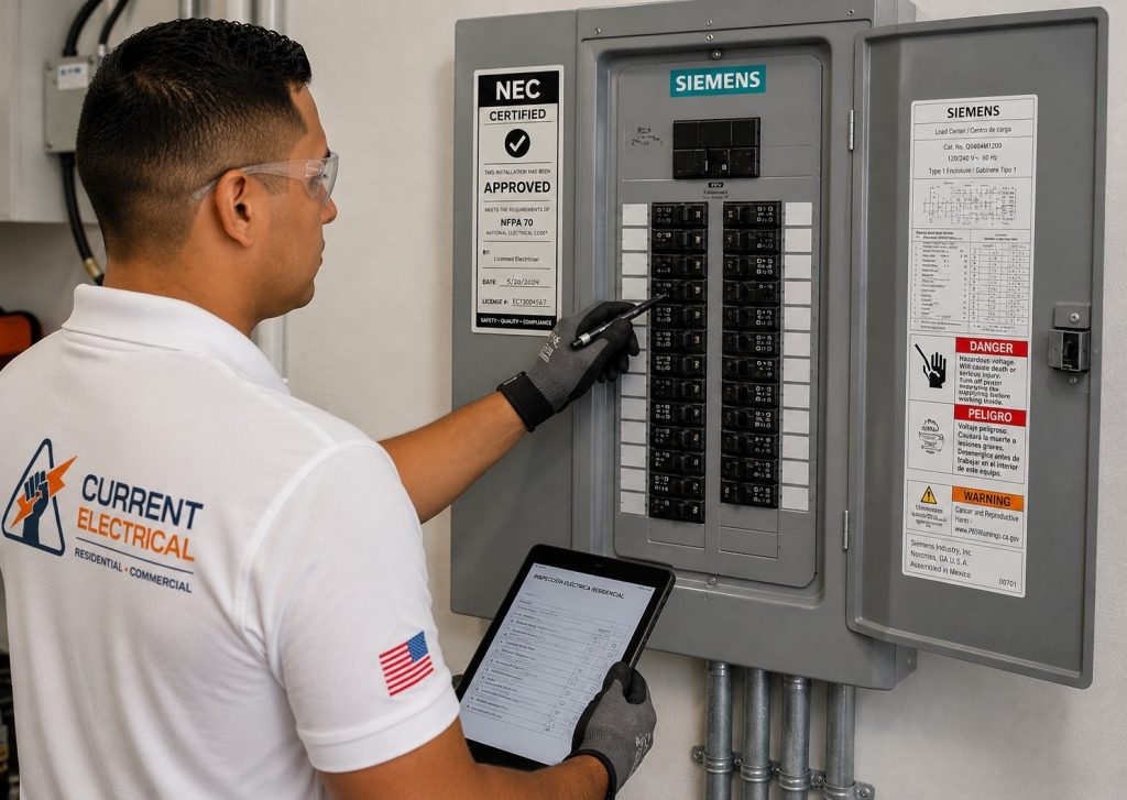 Current Electrical FL electrician inspecting a residential electrical panel in Miami-Dade and Broward