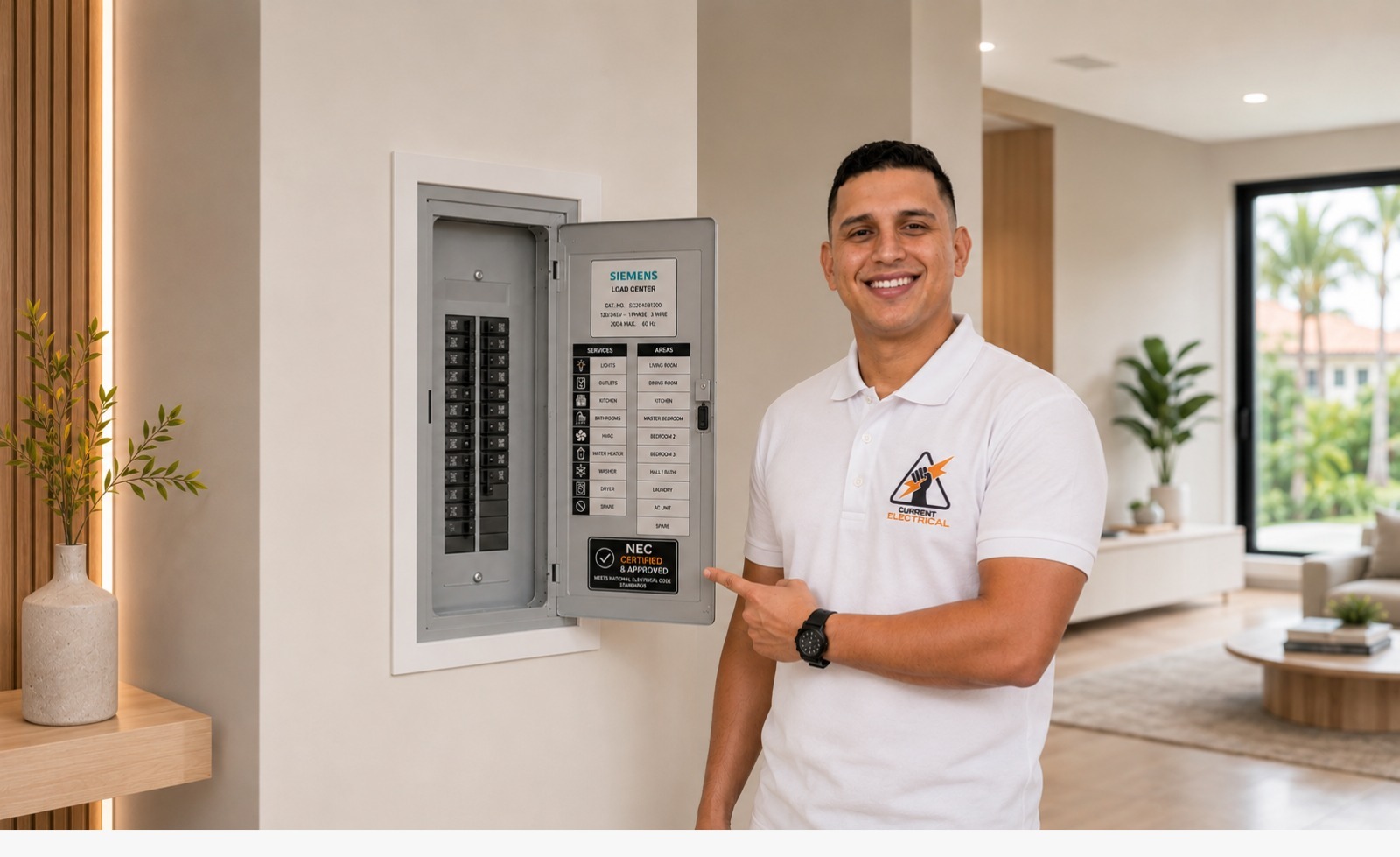 Licensed electrician pointing to Siemens electrical panel