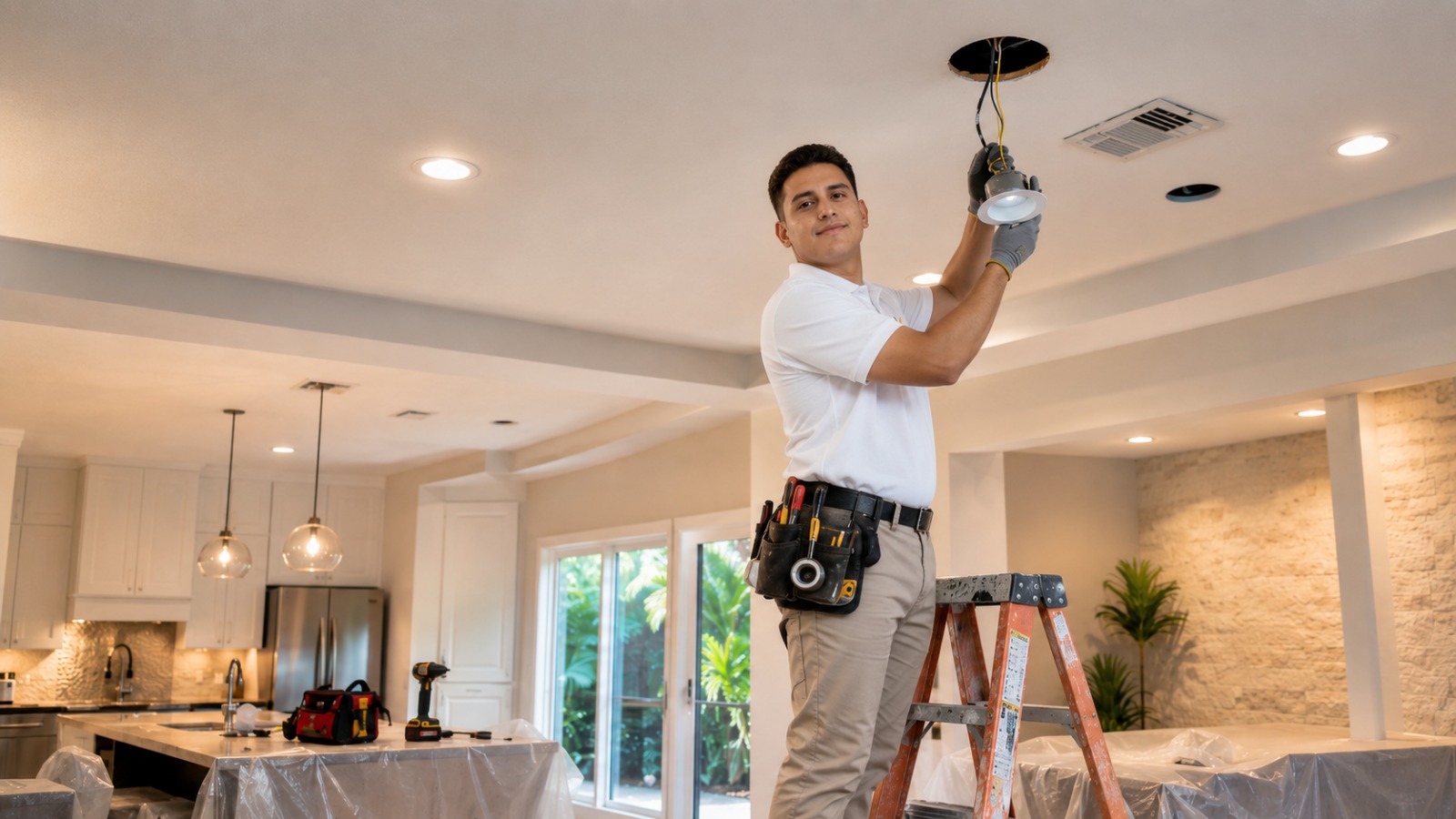 Electrician installing recessed lighting in a residential property in Miami-Dade