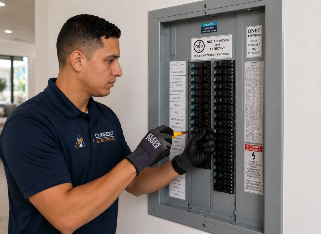 Electrician inspecting a residential electrical panel in Miami-Dade