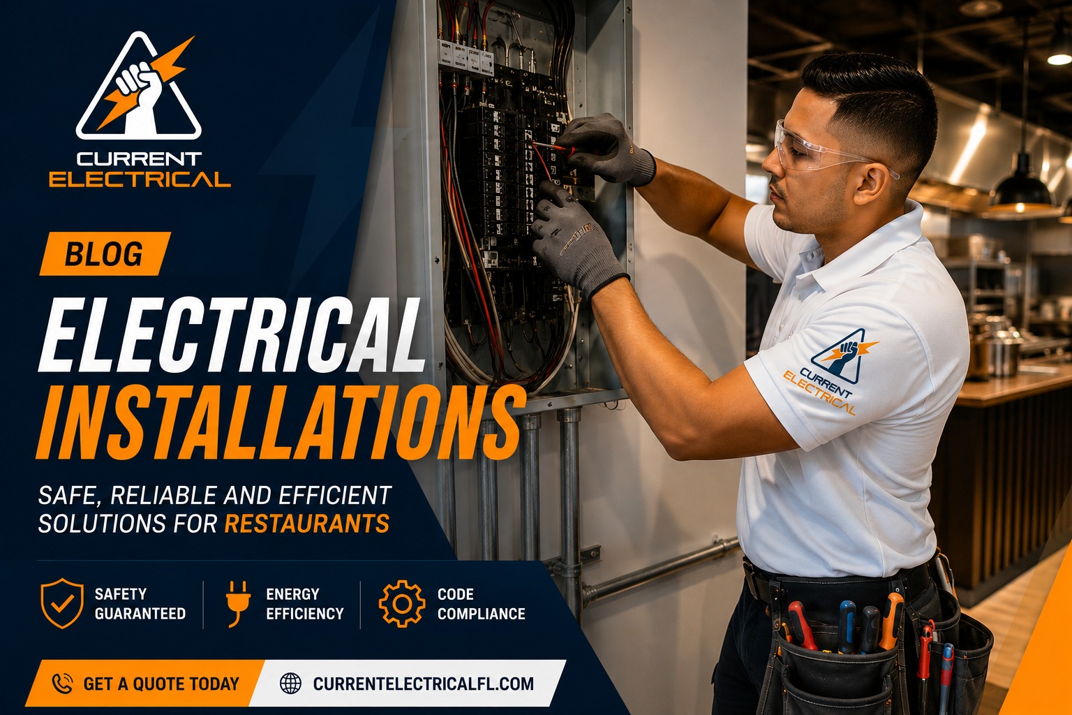 Electrician performing commercial electrical installation for a restaurant in Miami-Dade